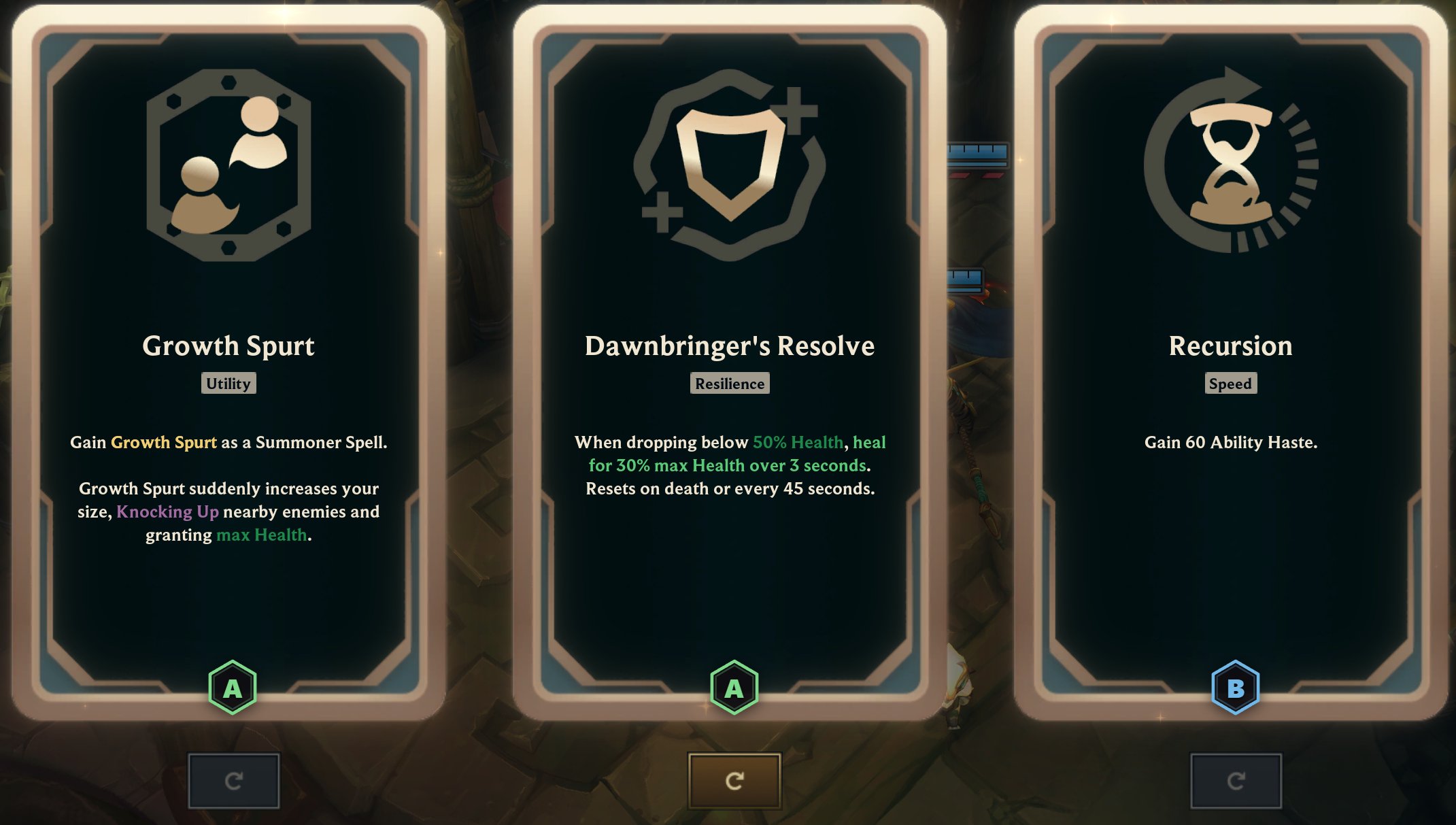 A real ARAM Mayhem augment offer: Growth Spurt, Dawnbringer's Resolve and Recursion, each with its category tag, effect text, reroll button and a Hexgate tier badge (A, A, B)