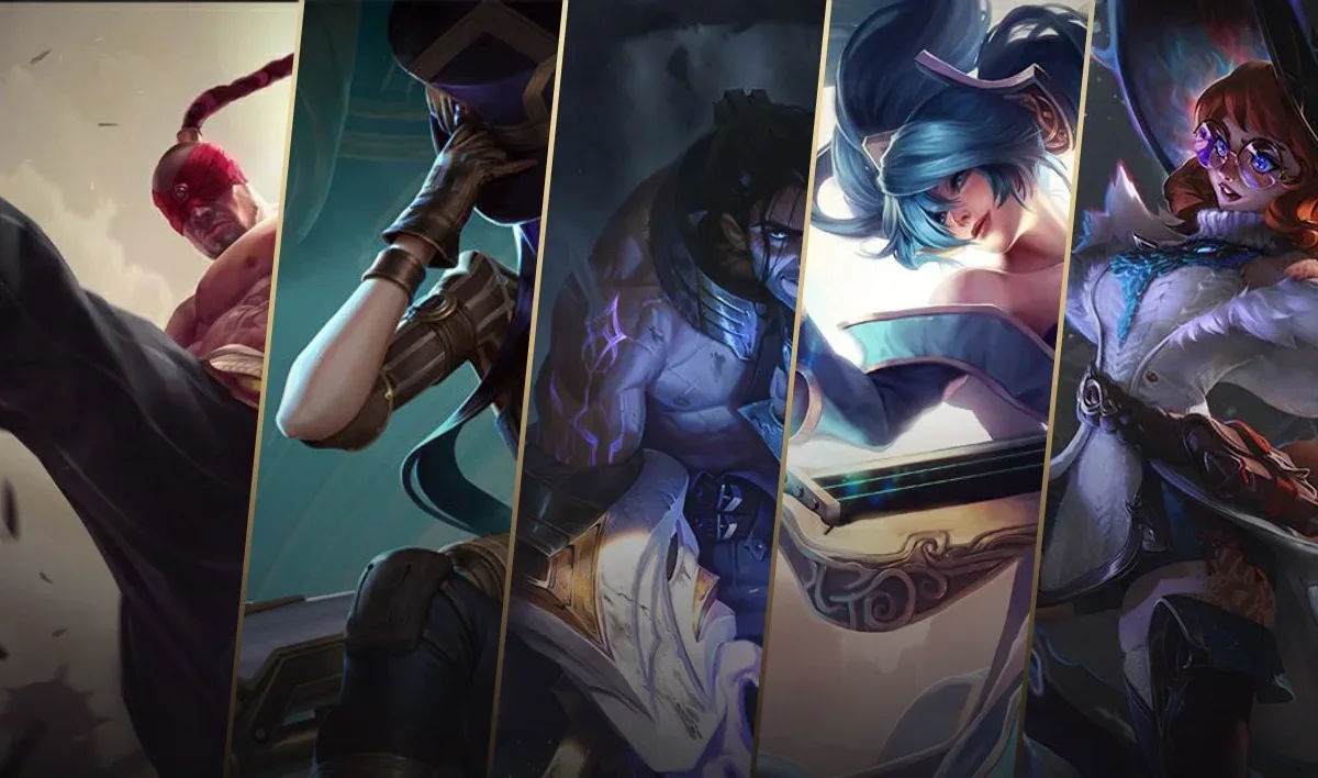Splash art of Lee Sin, Caitlyn, Sylas, Sona and Aurora