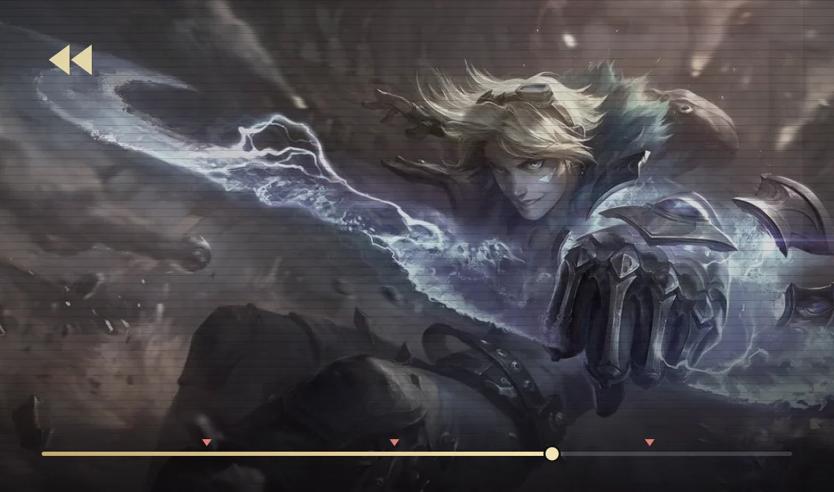 Splash art of Ezreal frozen mid-fight and rewound, over a replay bar