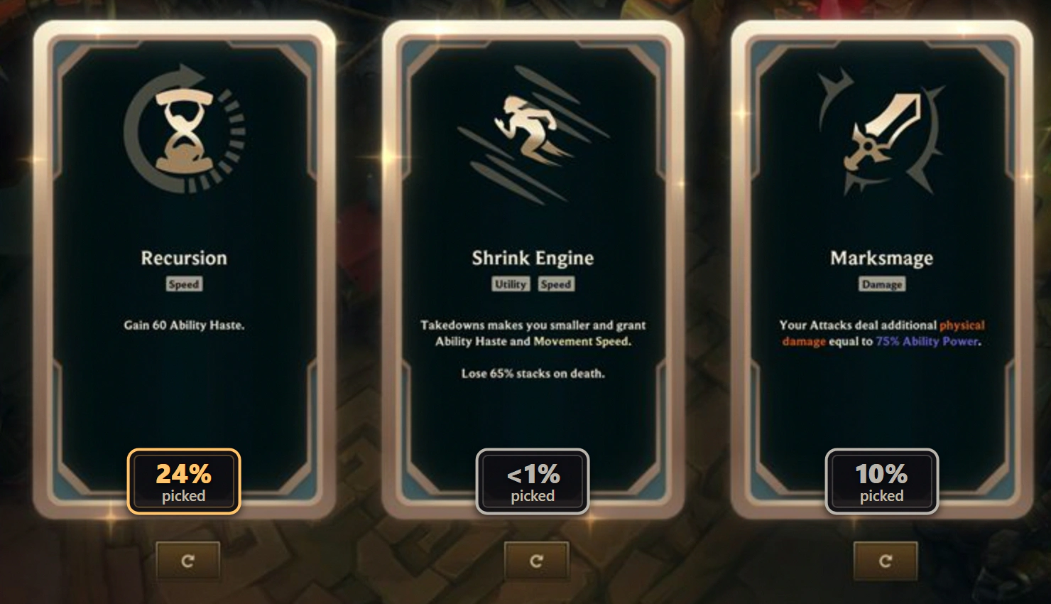 Three augment cards in game with Hexgate badges under them reading 24%, under 1% and 10% picked