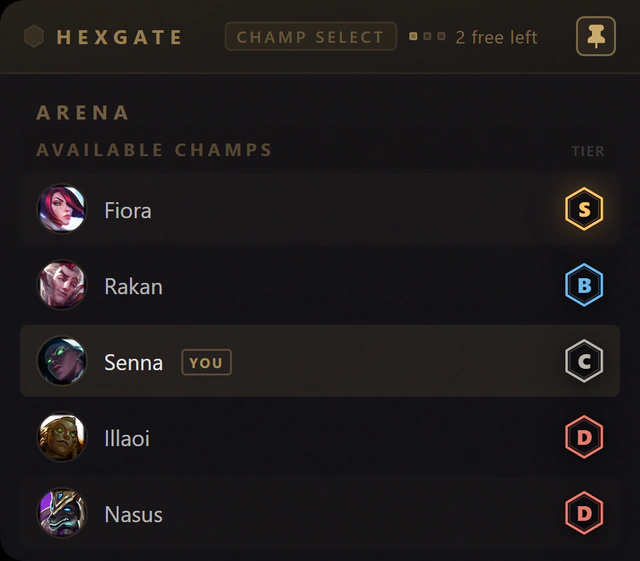 Hexgate in Arena champion select: five offered champions, each with a tier badge from S to D