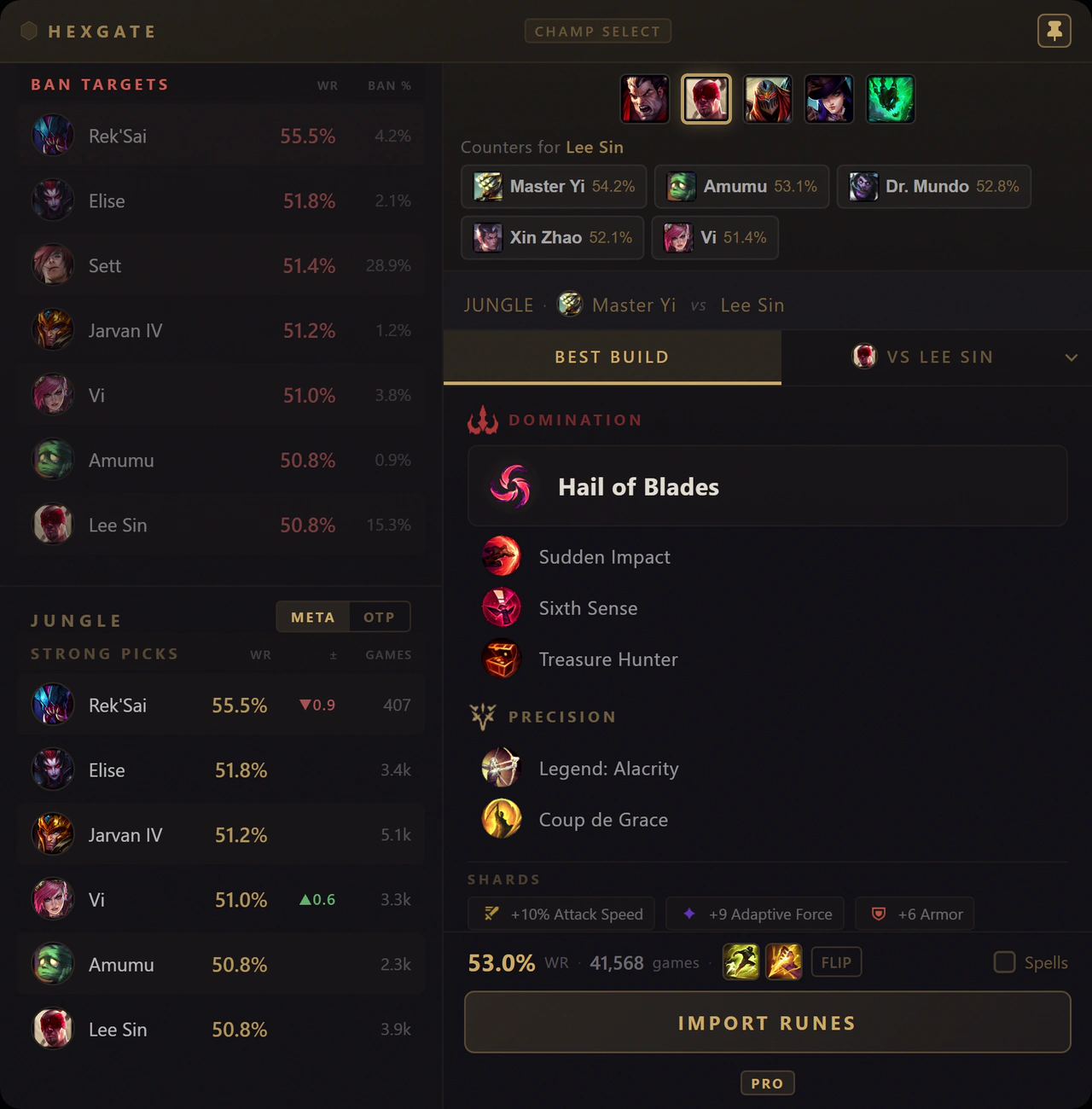 Hexgate champ select assistant showing ban targets, counters for the enemy pick and one-click rune import