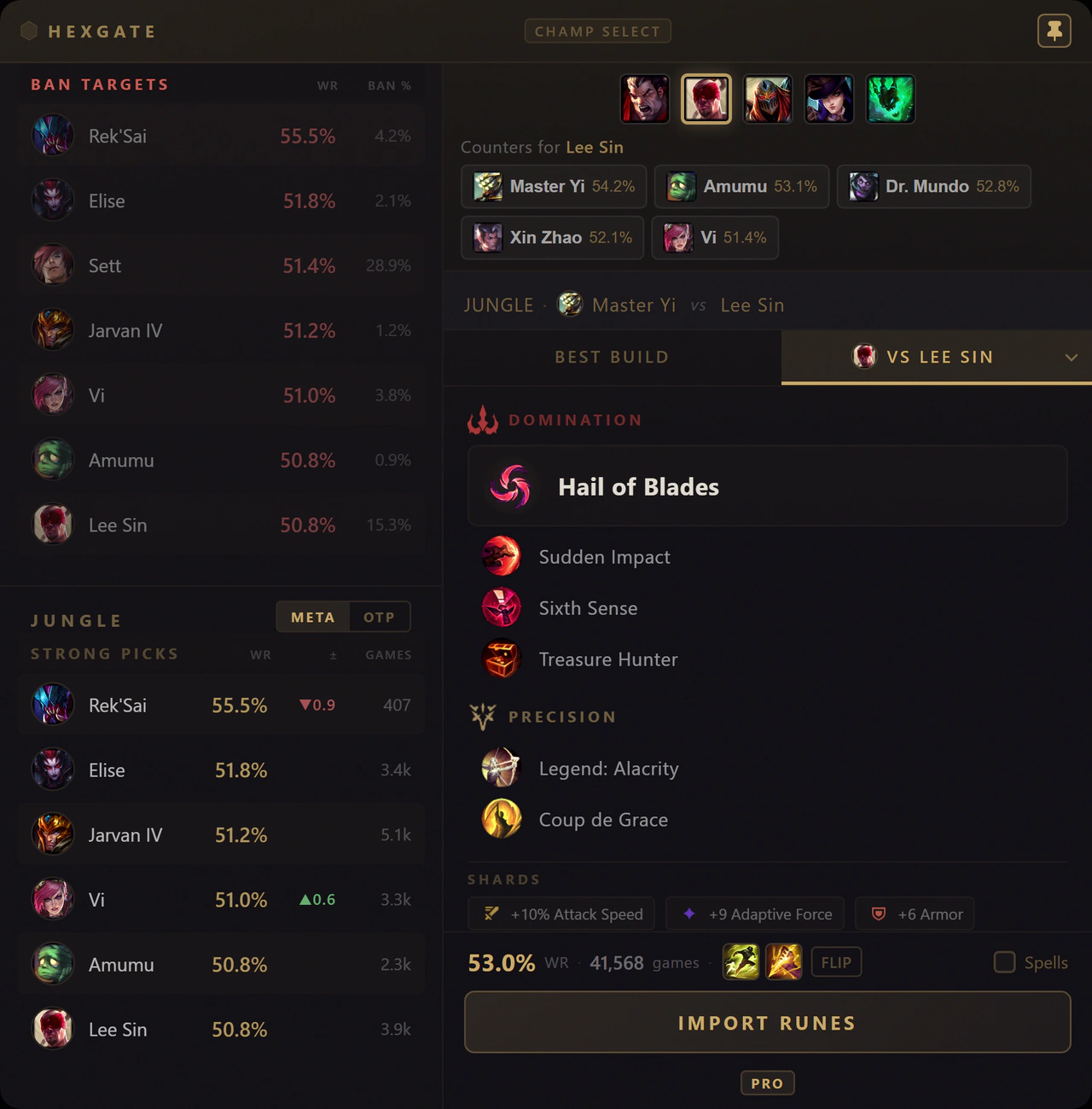 Hexgate champ select matchup tab showing runes tuned for the specific lane opponent