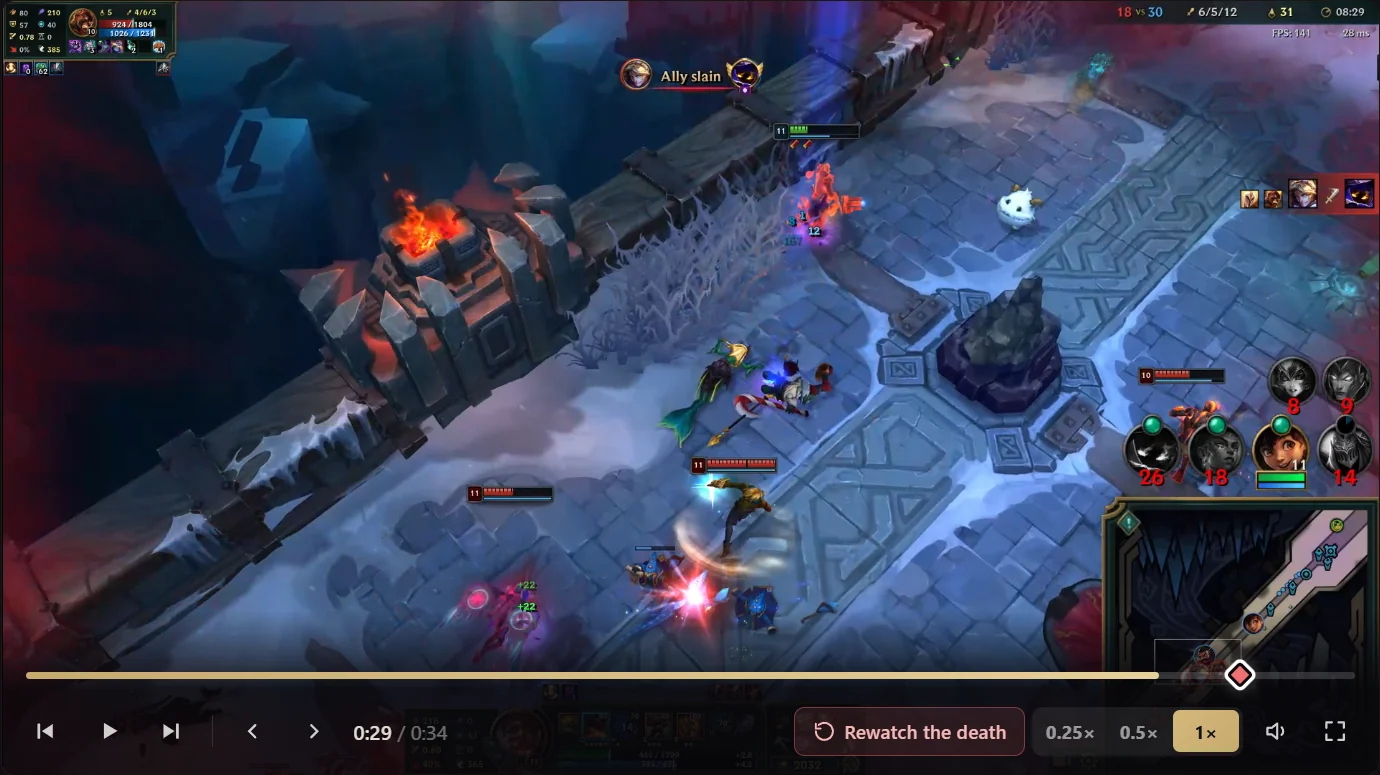 Hexgate Clips player rewatching a death, with Rewatch the death and 0.25x, 0.5x and 1x speed controls
