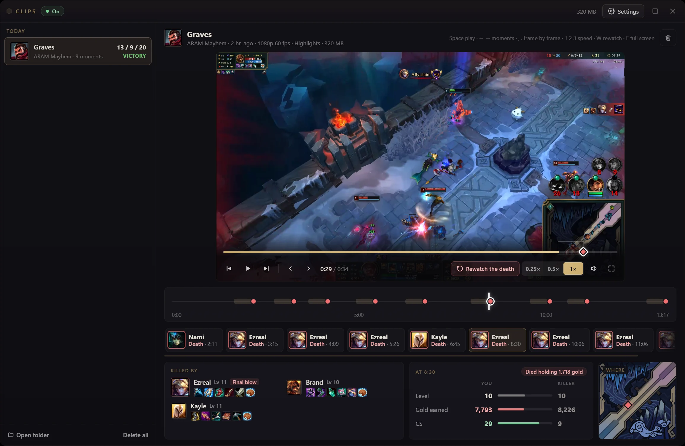 Hexgate Clips window replaying a Graves death in ARAM Mayhem: the clip with slow motion controls, the game timeline with every death marked, the champions that killed him with the final blow tagged, gold and levels against the killer, and the spot on the minimap