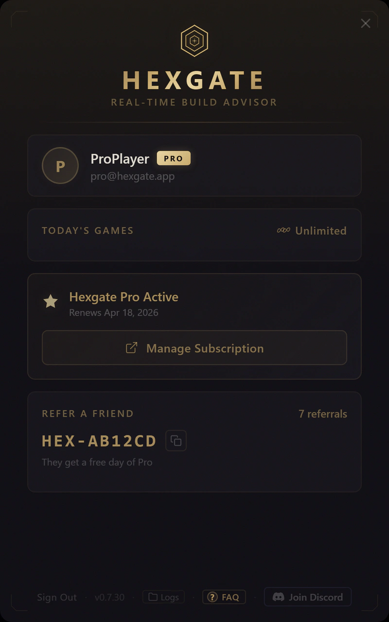 Hexgate dashboard showing Pro status, referral code and daily games